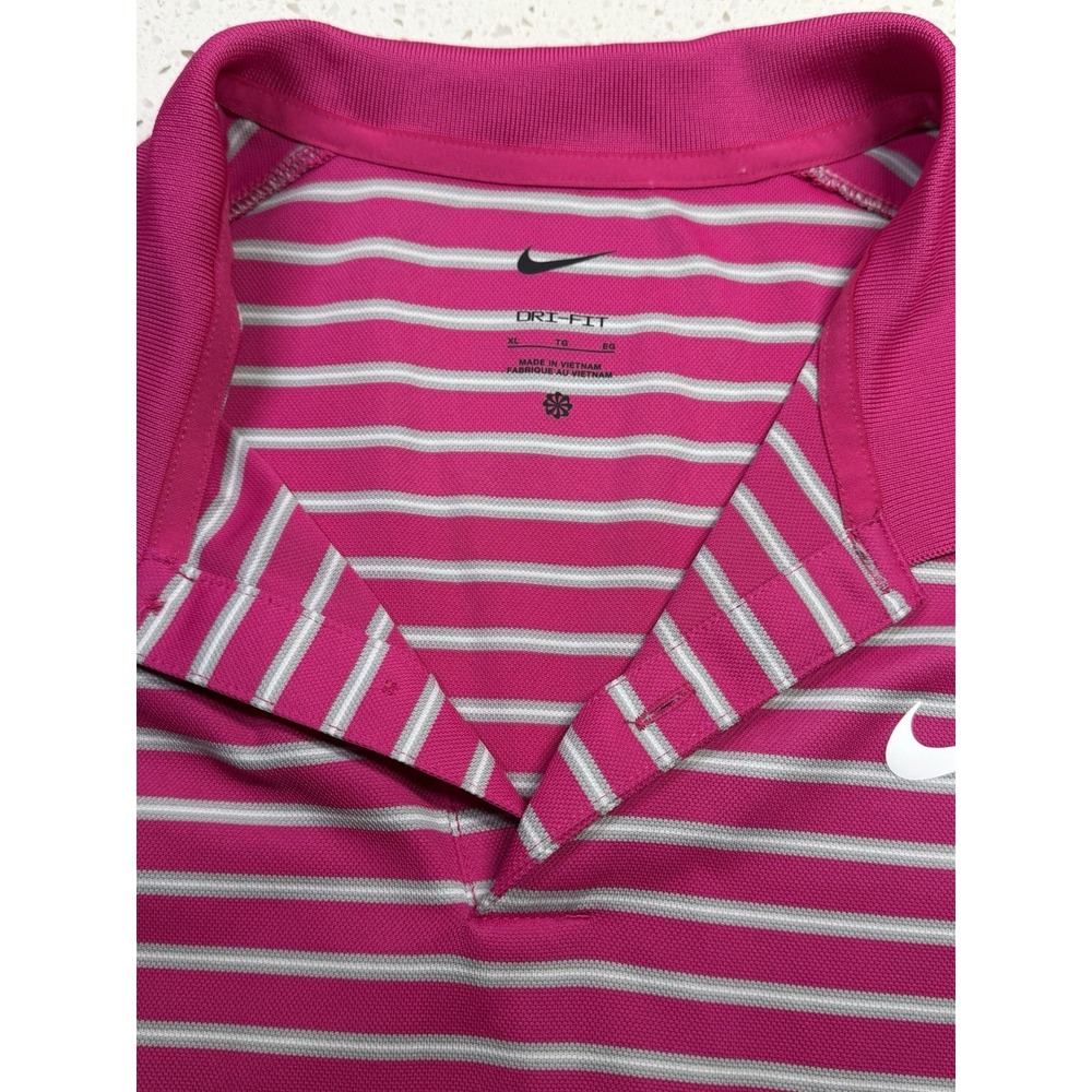 Nike Dri-FIT XL Pink Gray White Striped Short Sleeve Golf Polo Shirt Men's